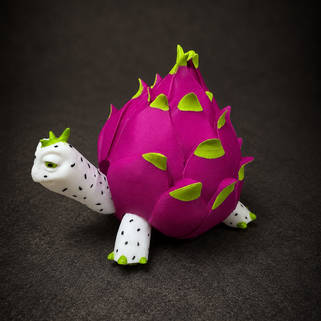 Three-quarter side view of the Pitaya Grove dragonfruit turtle collectible showing the detailed dragonfruit shell and articulated body.