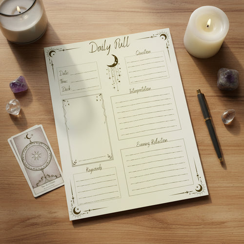 Printable tarot journal pages for daily pull with 1-card spread layout on a wooden desk with pen and crystals