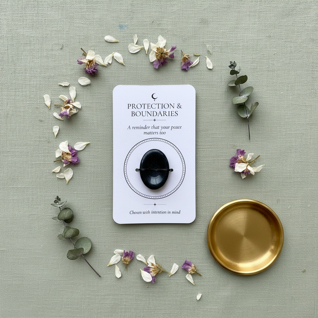 Card with 'Protection & Boundaries' message, black and green worry stone, gold dish, and flowers on a textured surface