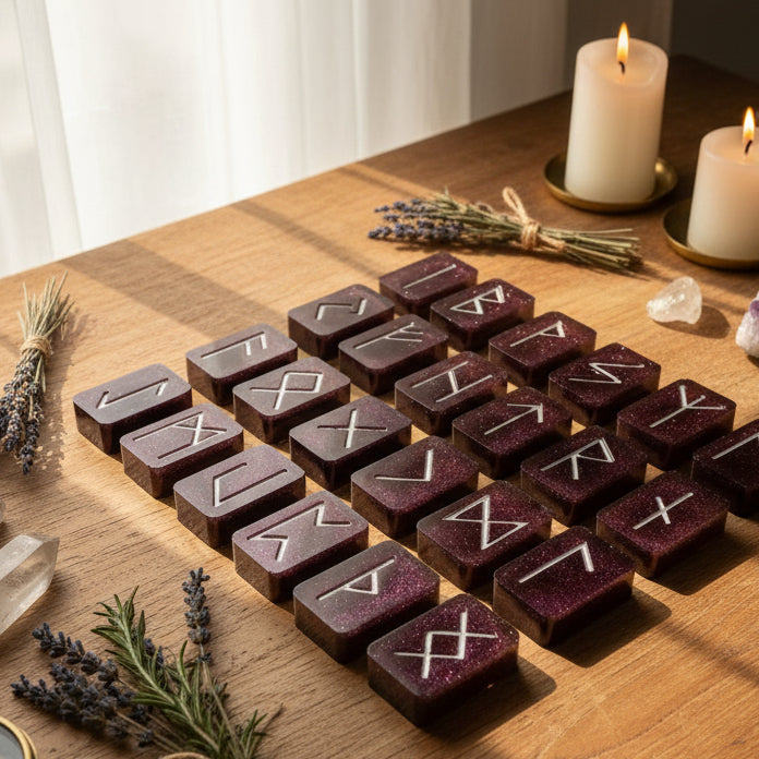 Purple shimmer resin rune set with silver inlays arranged on a wooden table with candles, herbs, and crystals