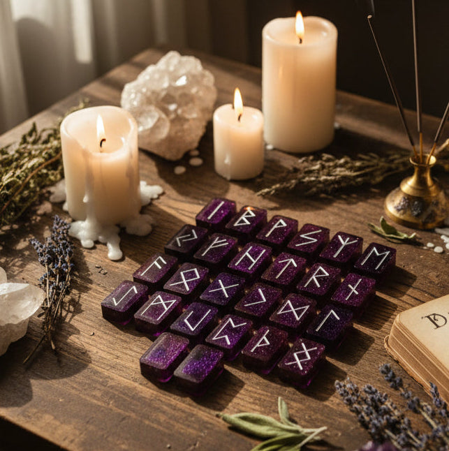 Purple shimmer resin rune set with silver inlays arranged on a wooden table with candles, herbs, and incense as ritual decor
