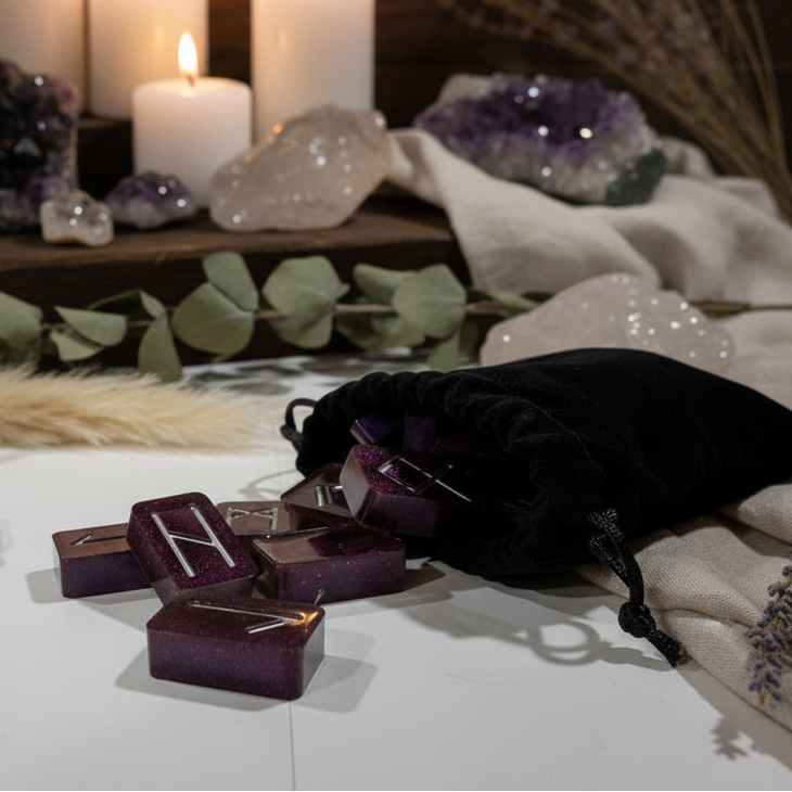 Purple shimmer resin rune set with silver inlays spilling out of a black velvet pouch on a table  