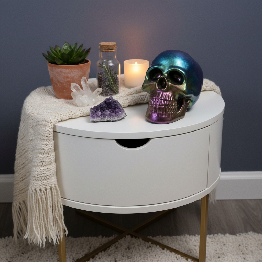 Color-shifting resin skull sculpture in rainbow, oil slick tones, displayed on a nightstand 