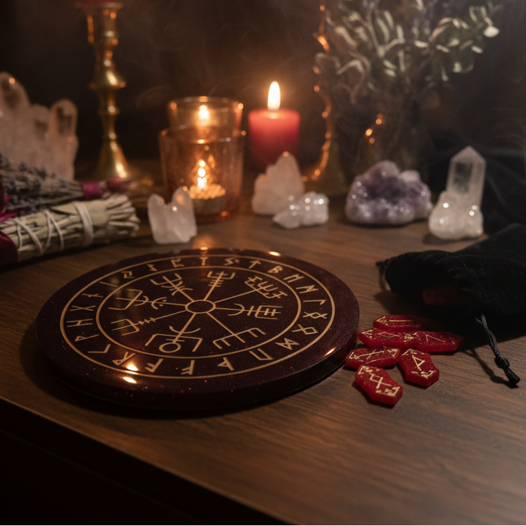 red resin rune stones with gold inlays spilling out of a velvet pouch next to a red and black casting board