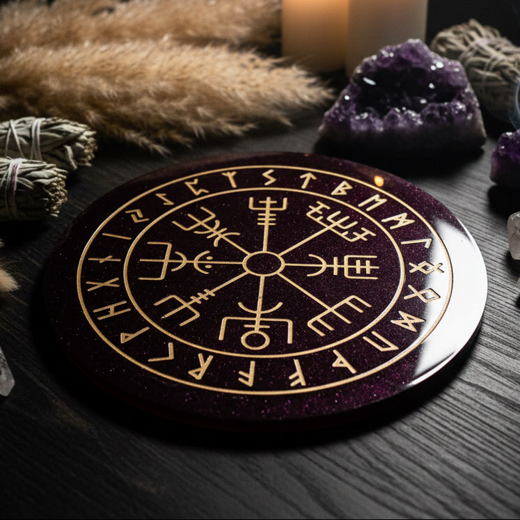 red and black rune casting board with gold inlays