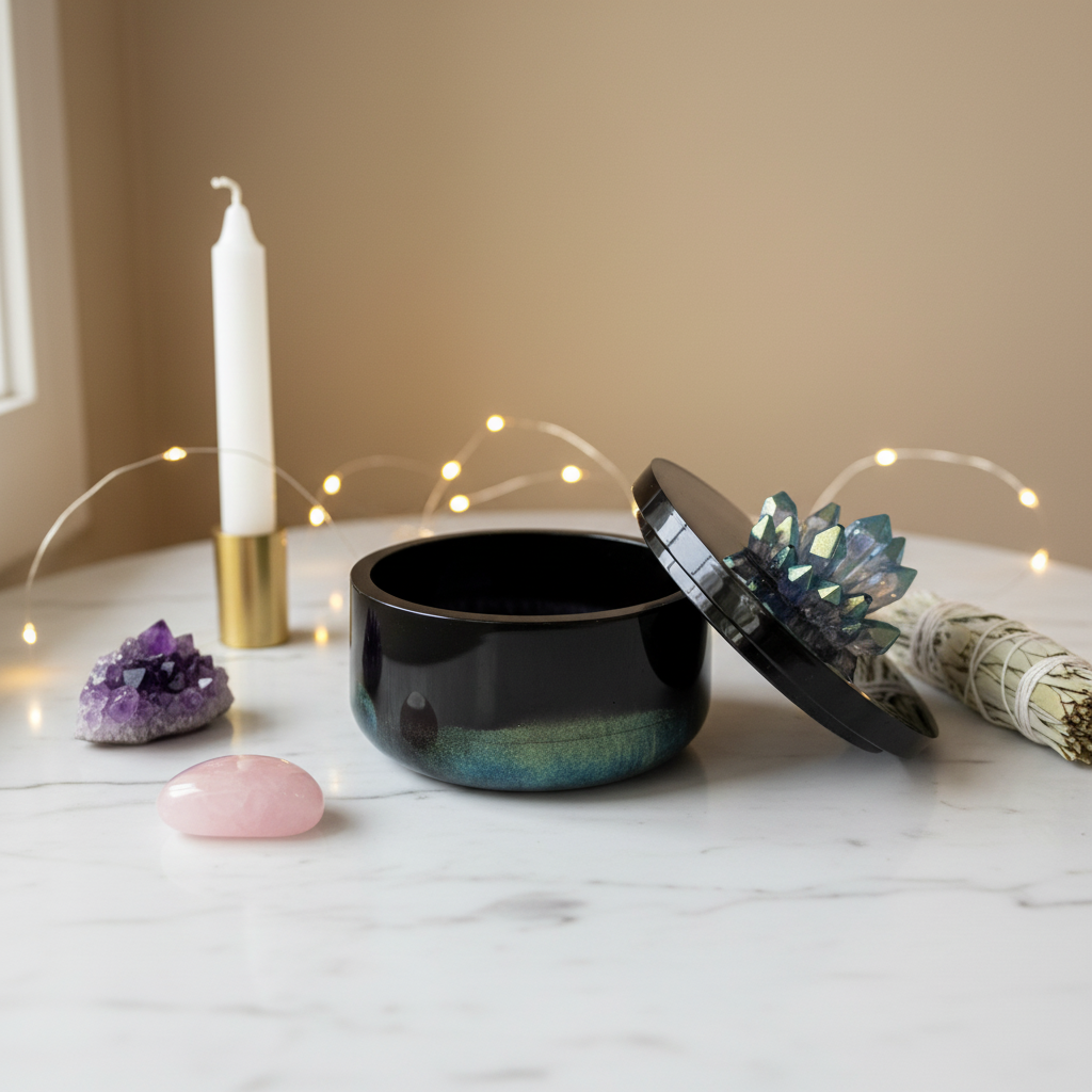 Black and green color shifting vessel jar with crystal cluster lid displayed on a light surface with crystals and sage 