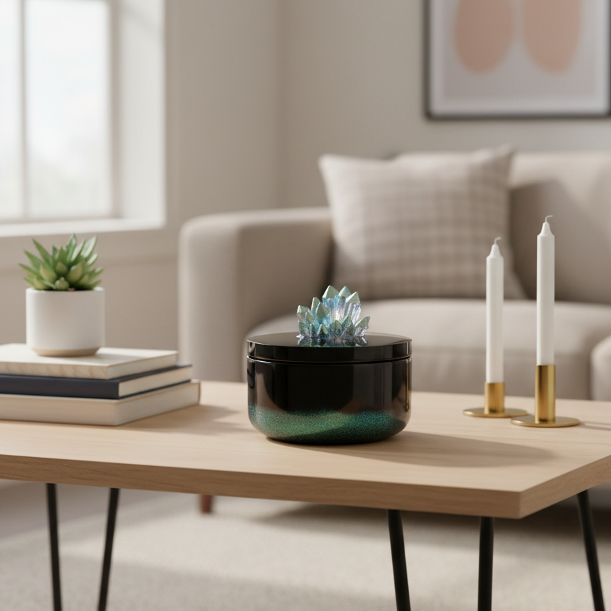Black and green color shifting vessel jar with crystal cluster lid displayed on a coffee table