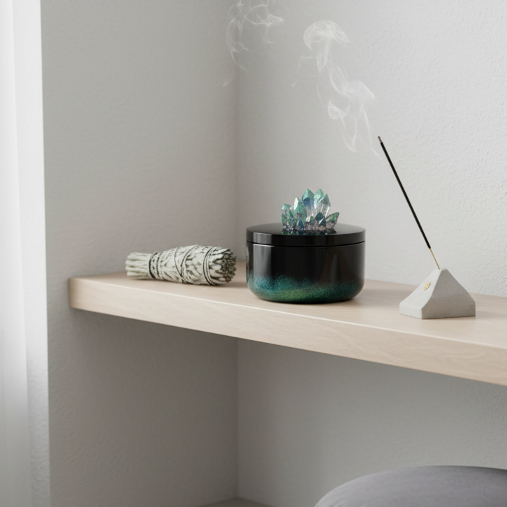 Black and green color shifting vessel jar with crystal cluster lid displayed on a bookshelf with incense burning