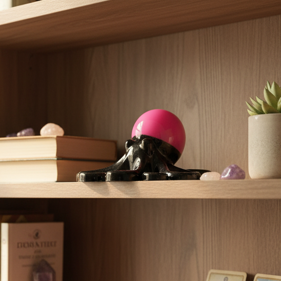 Glow in the dark resin octopus sculpture in black with pink glow head displayed on a bookshelf 