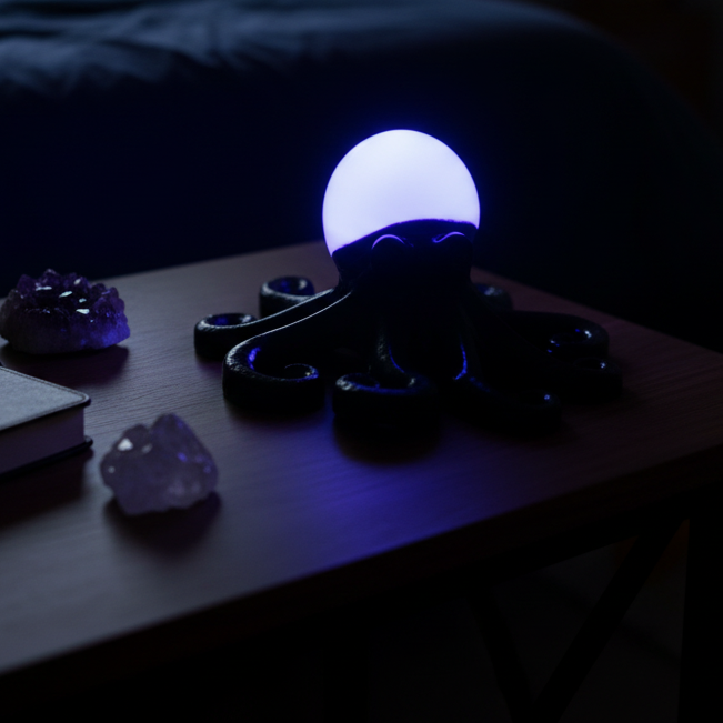 Glow in the dark resin octopus sculpture in black with pink glow head displayed on a bedside table at night