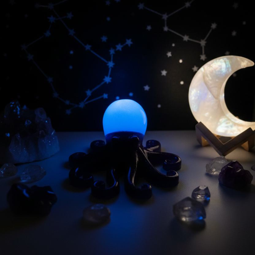 Glow-in-the-dark resin octopus sculpture with purple glitter body and blue glow head displayed on a nightstand in semi-darkness