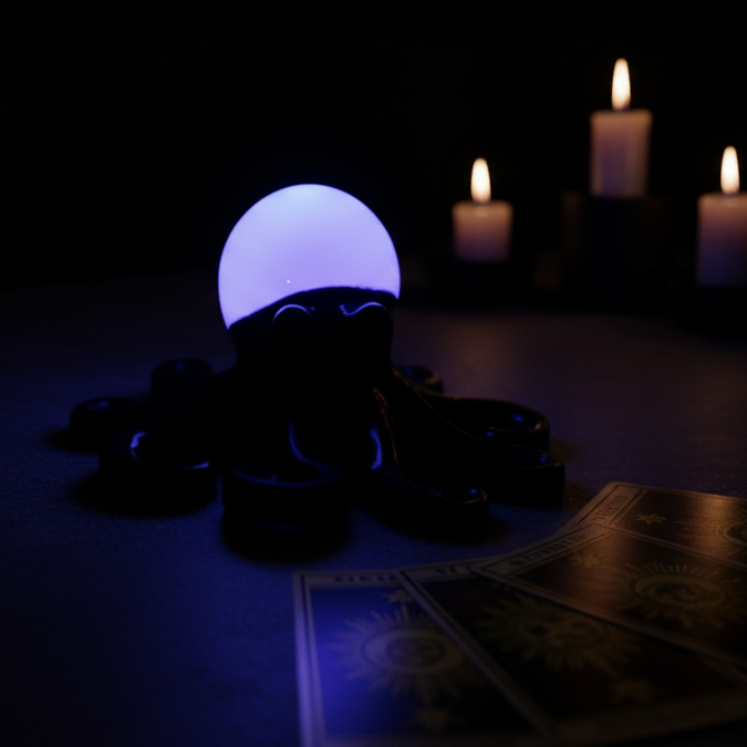 Glow in the dark resin octopus sculpture in black with pink glow head displayed in a dark room with candles and tarot cards