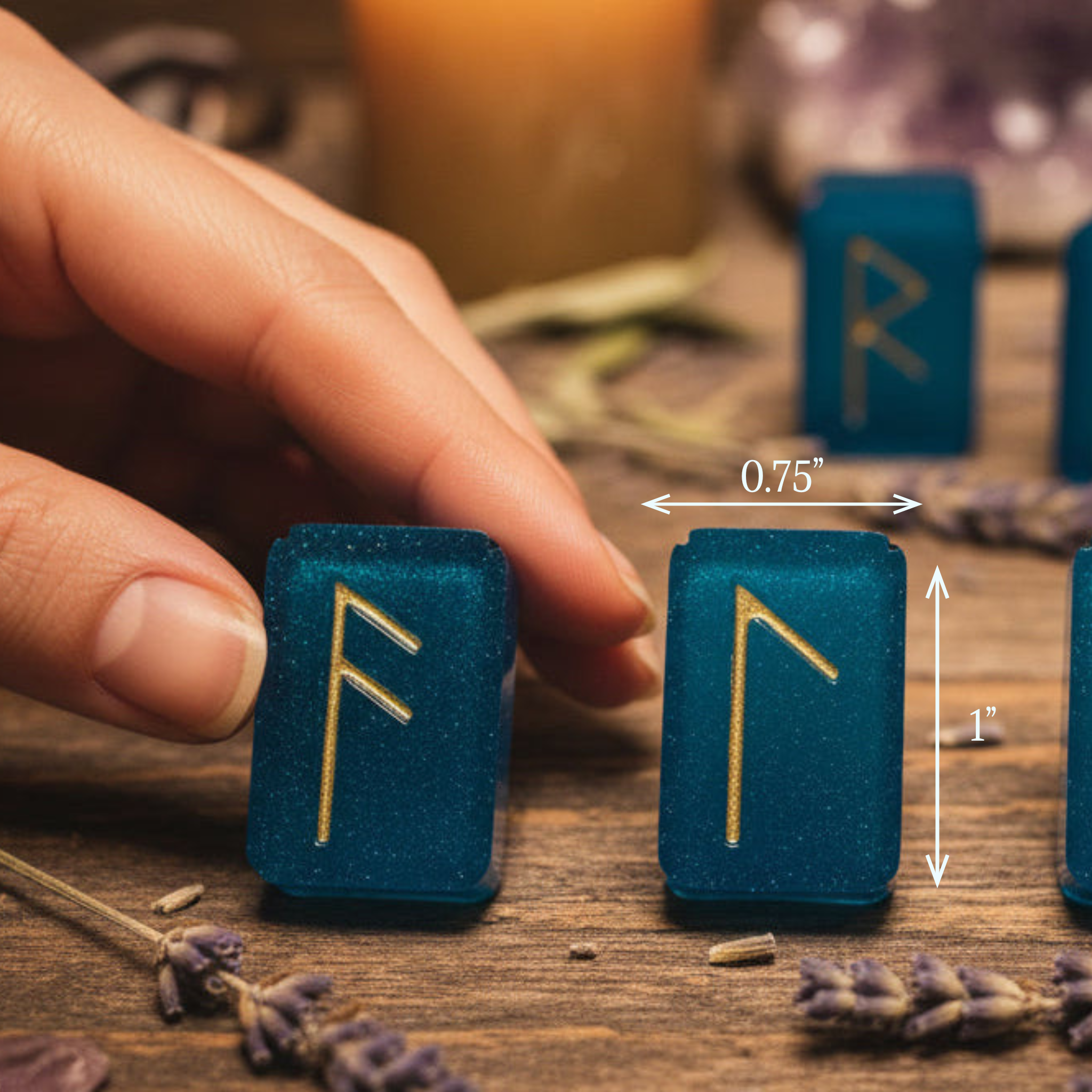 Bright blue seaglass colored resin rune stones with gold inlays from an Eldar Futhark rune set displayed on a wooden tabletop to show measurement