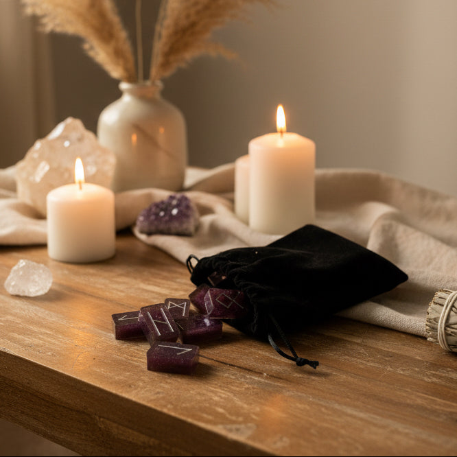 Purple shimmer resin rune set with silver inlays arranged on a wooden table with candles, herbs, and incense as ritual decor