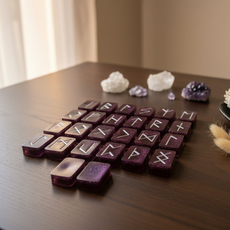 Purple shimmer resin rune set with silver inlays arranged on a wooden table with crystals