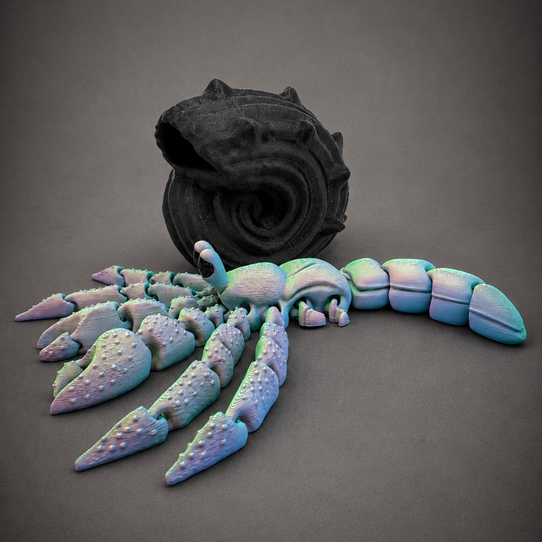 Sea Glass Hollow outside its shell with the fluorite filament displaying soft lavender, blue, and aqua color shifts across the articulated body.