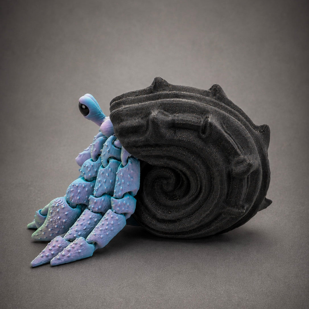 Left side profile of Sea Glass Hollow highlighting the spiral shell and the fluorite filament's soft blue and lavender color shift.
