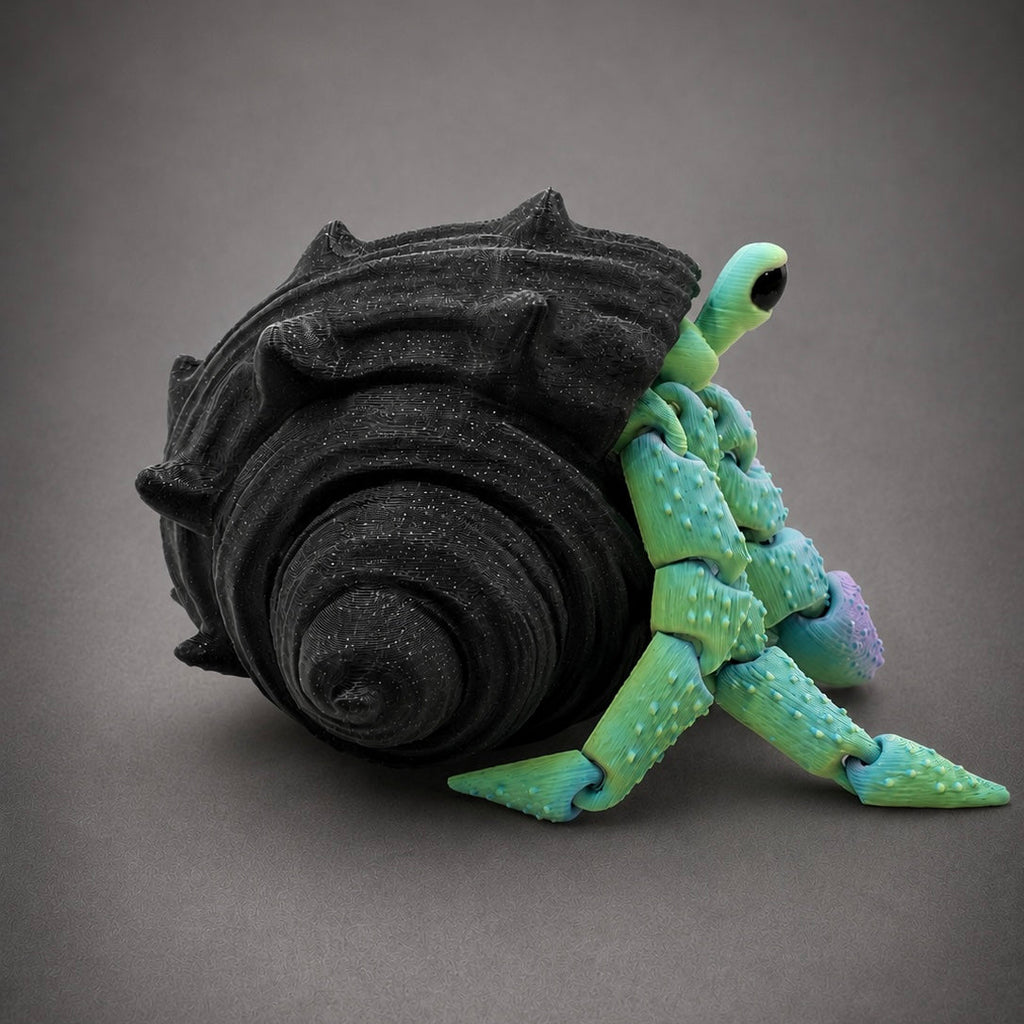Right side view of Sea Glass Hollow showing its matte black removable shell and fluorite articulated body with green, aqua, and lavender tones.