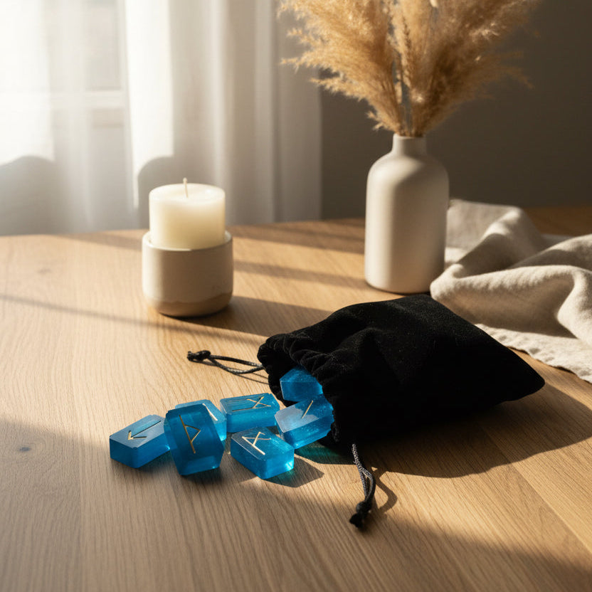 Bright blue seaglass colored resin rune stones with gold inlays from an Eldar Futhark rune set spilling out of a velvet pouch on a wooden tabletop