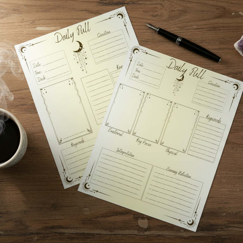 Printable tarot journal pages for daily pull with 1-card and 3-card spread layouts on a wooden desk with pen and coffee