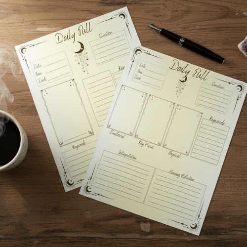 Printable tarot journal pages for daily pull with 1-card and 3-card spread layouts on a wooden desk with pen and coffee