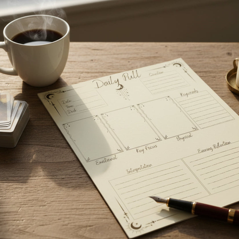 Printable tarot journal pages for daily pull with  3-card spread layout on a wooden desk with pen and coffee