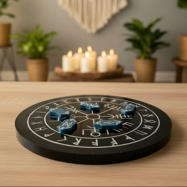 teal rune stones with silver inlays displayed on a dark teal casting board with silver symbols