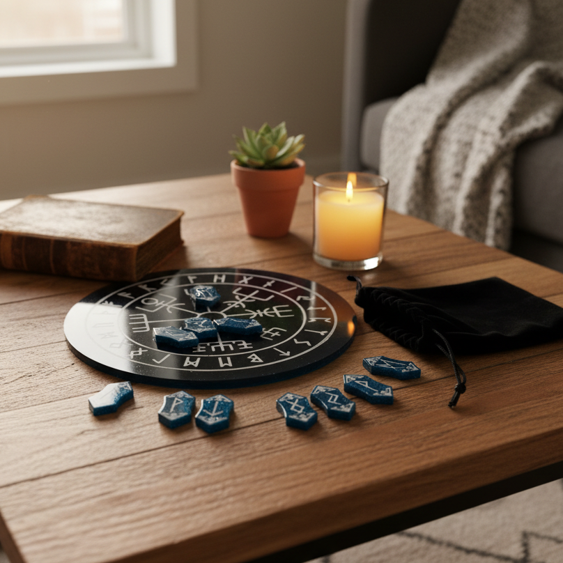 teal rune stones with silver inlays displayed on a dark teal casting board with silver symbols on a coffee table