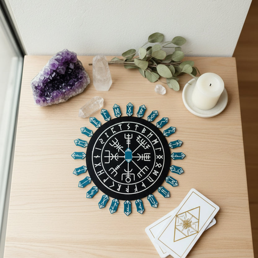 teal rune stones with silver inlays arranged in a circle around a dark teal casting board with silver symbols