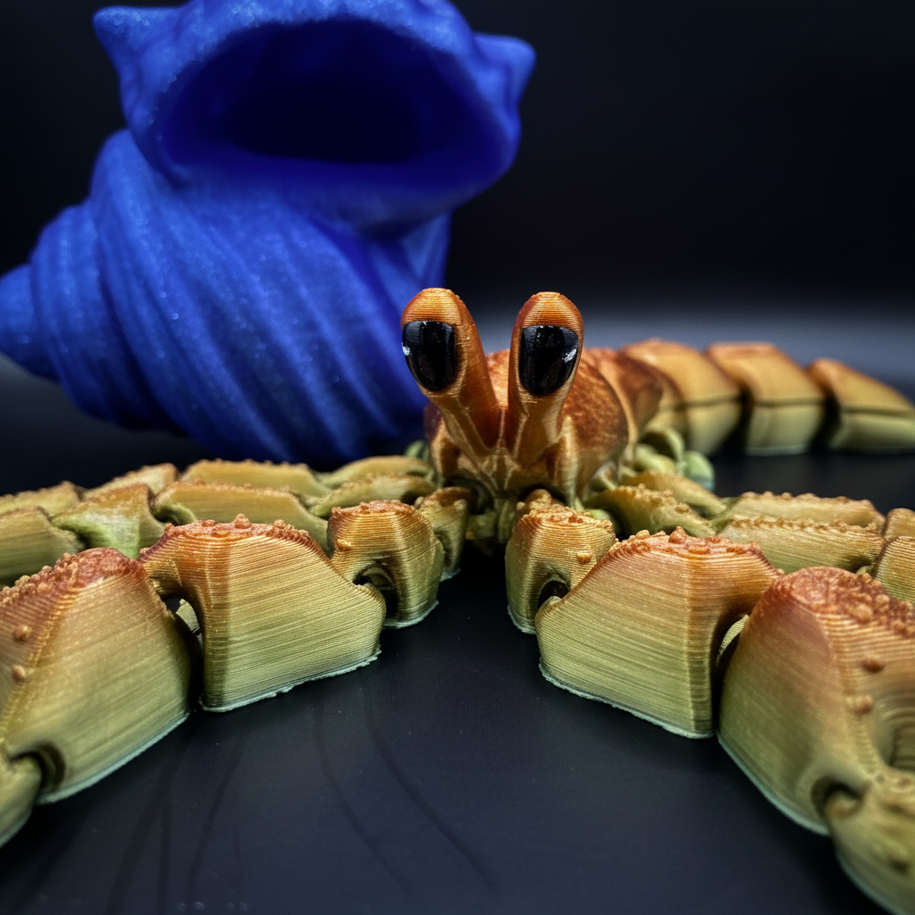 close up photo of a 3d printed hermit crab with a blue shell