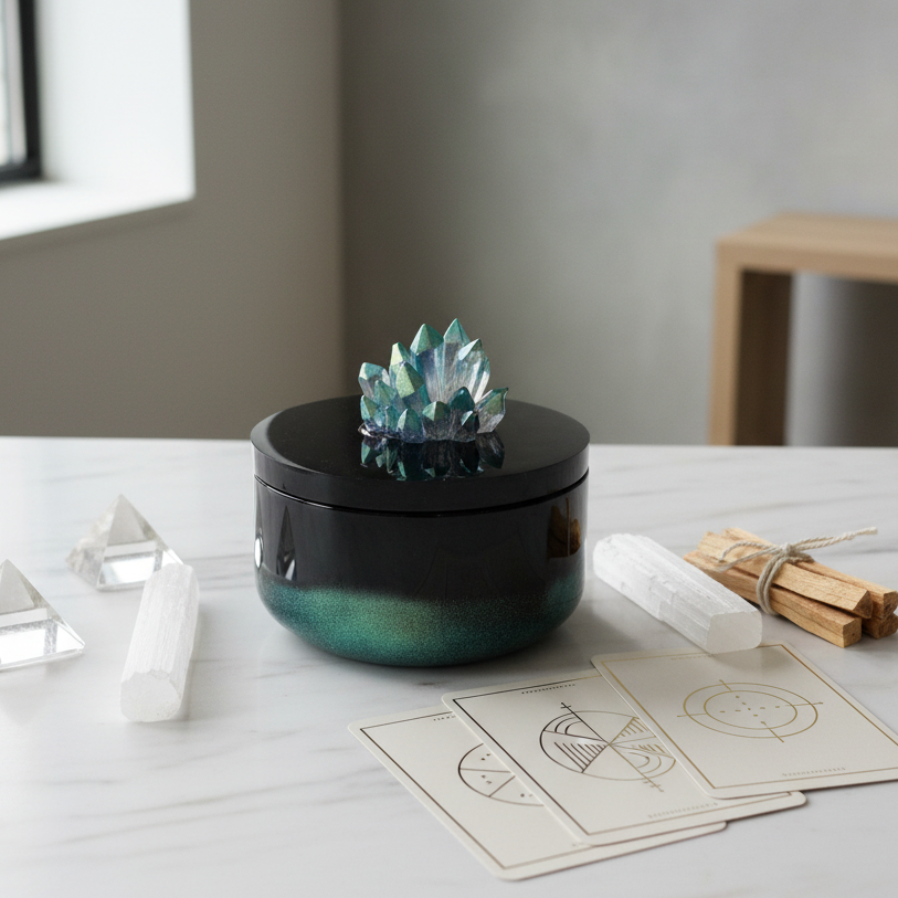 Black and green color shifting vessel jar with crystal cluster lid displayed on a light surface with crystals and tarot cards