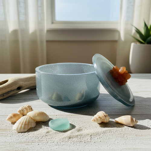 Vessel jar shimmer blue with caramel colored succulent on the lid displayed on a coastal-themed table with shells and sand