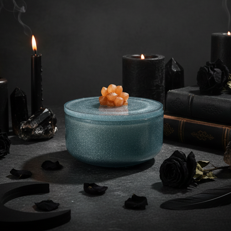 Vessel jar shimmer blue with caramel colored succulent on the lid displayed in a gothic decor setting with candles 
