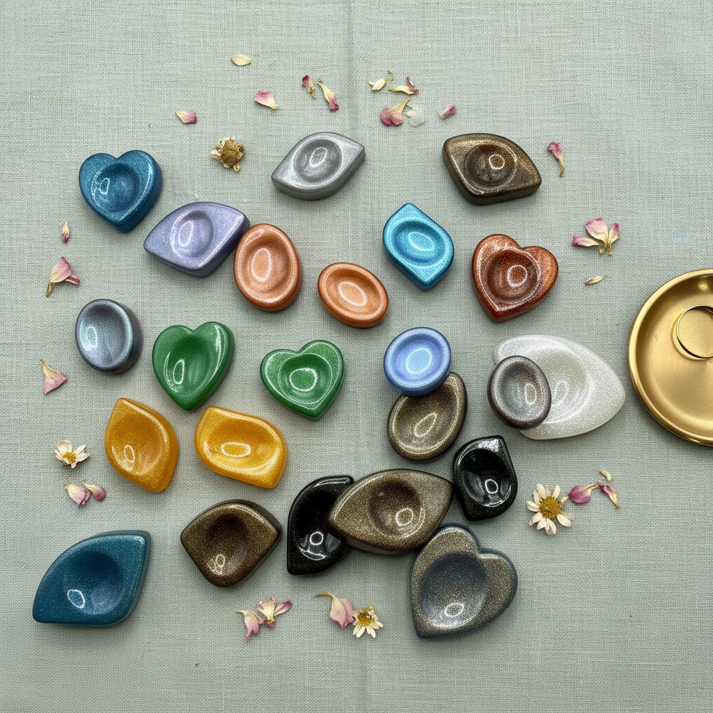 Colorful assortment of worry stones on a textured surface with small flowers.